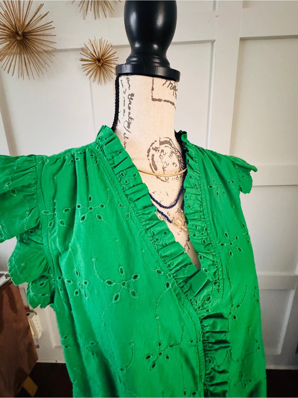 J CrewGreen Ruffle Eyelet V-Neck Top